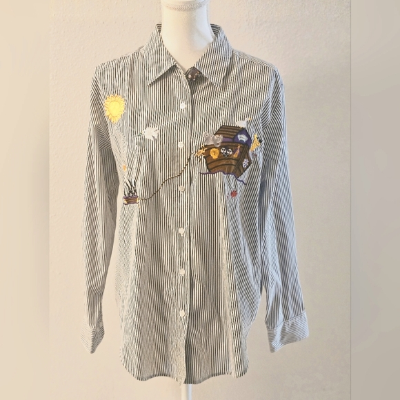 Quacker Factory Noah's Ark Stripped Embroidered Blouse For Women. Size Medium - Picture 2 of 13